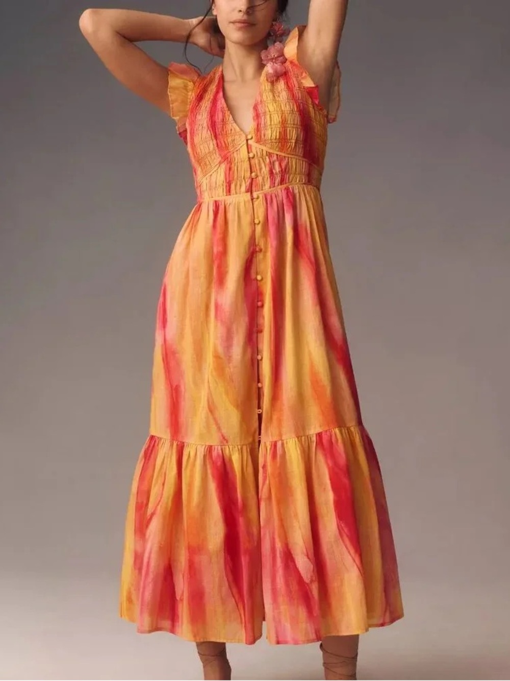 NWT. Anthropologie. The Peregrine Tie Dye Midi Dress. Yellow/Pink. Size XS.